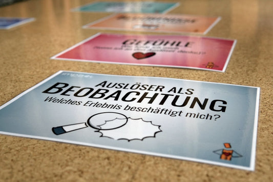 Bodenanker-Karte Auslöser als Beobachtung auf dem Boden, dahinter die Karte Gefühle