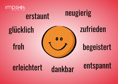 Bodenanker-Karte mit angenehmen Gefühlen und lachendem Smiley: glücklich, dankbar, zufrieden, begeistert, entspannt